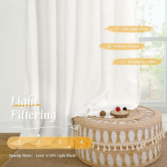 LAMIT Light Filtering 63 inch Length Linen Curtains, Soft Linen Textured Rod Pocket Neutral Boho Drapes Window Treatment Panels for Living Room/Bedroom, 2 Panels Set, 52 x 63 Inch, Ivory White