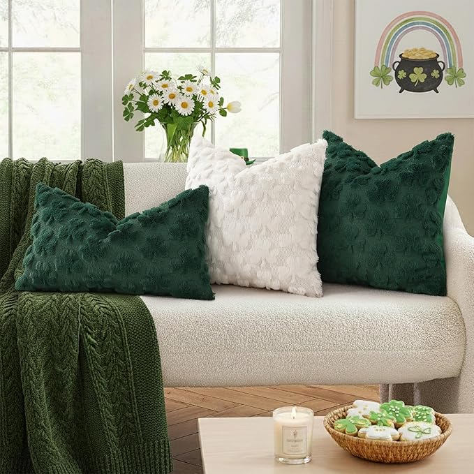 decorUhome St. Patrick’s Day Shamrock Green Pillow Covers 20x20 Inch Set of 2, Soft Plush Faux Wool Throw Pillow Covers, Farmhouse Spring Holiday Decor for Sofa Living Room