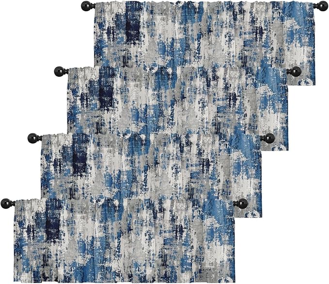 Emvency 4 Pack Valances Window Treatments, Abstract Modern Blue Grey Rustic Navy Drapes Adjustable Curtain for Windows Living Room Kitchen Over Sink, 52x18 Inch Rod Pocket Valances