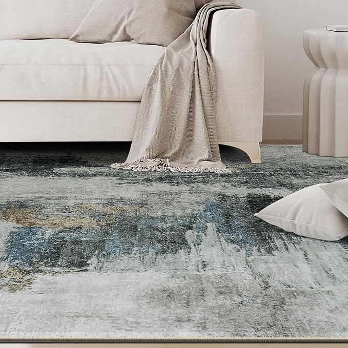 9x12 Area Rugs for Living Room Rug Washable: Abstract Large Rug for Dining Room Bedroom Carpet Non Slip 9 by 12 Indoor Modern Nursery Home Office Black Gold