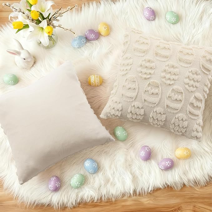 decorUhome Easter Beige Egg Pillow Covers 20x20 Inch Set of 2, Soft Plush Faux Wool Jacquard Cushion Covers, Farmhouse Neutral Fuzzy Spring Easter Holiday Decor for Couch Sofa Bed