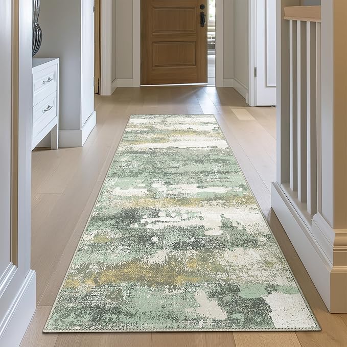 Runner Rug for Hallway Kitchen, 3x7 Machine Washable Runners Rug for Entryway, Soft Modern Abstract Throw Rugs, Low Pile Floor Cover with Non Slip Backing, Light Green