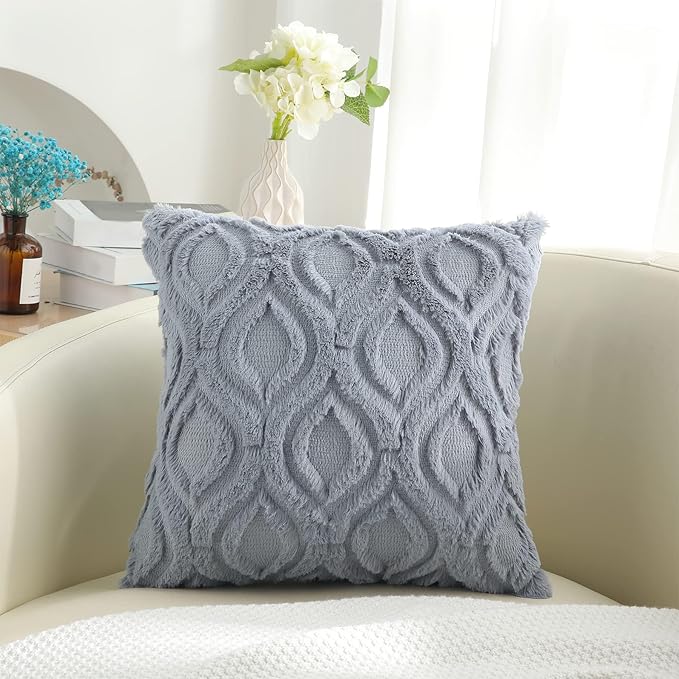 decorUhome Throw Pillow Covers 22x22 Inch Set of 2, Soft Plush Faux Wool Blue Grey Solid Couch Pillow Covers, Accent Euro Sham Farmhouse Neutral Square Pillow Cases for Sofa Bed Living Room