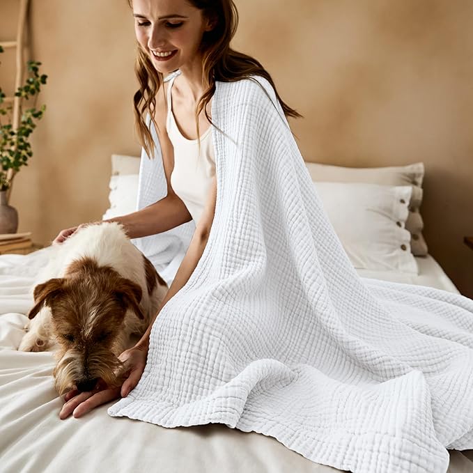 Bedsure 100% Cotton Muslin Throw Blanket Twin XL for Bed - 4-Layer Breathable and Lightweight Thin Soft Summer Gauze Muslin Blankets for Adults, White, 66x90 Inches