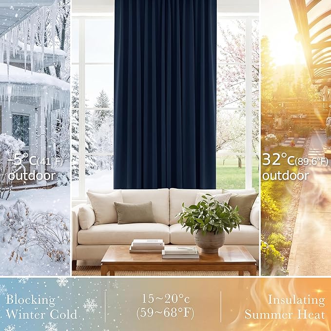 PONY DANCE Living Room Curtains - 42 Wide x 72 Inches Long, Navy Blue Blackout Drapes Thermal Insulated Back Tab & Rod Pocket Curtains/Window Covering for Kids' Room, 2 Panels