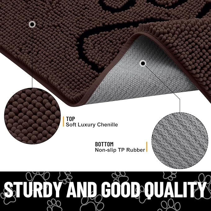 Smiry Dog Door Mat for Muddy Paws, Absorbent Dirt Trapper Non Slip Quick Dry Washable Chenille Mat for Mud Dogs, Entry Rug for Indoor and Outdoor (36x24 Inches, Brown and Black)