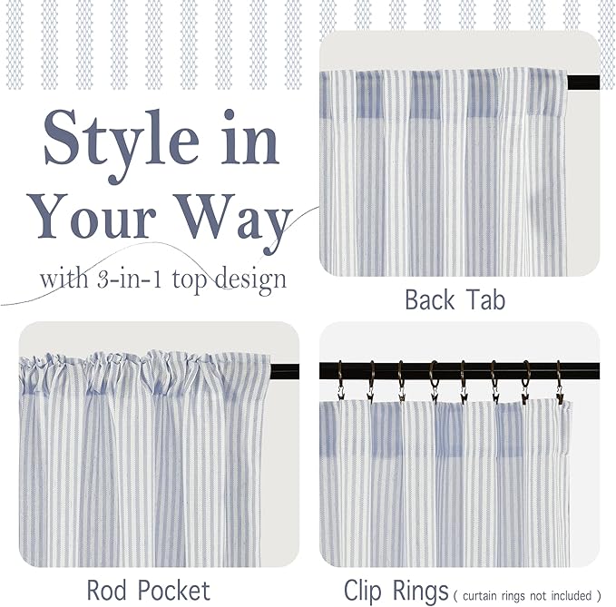 RYB HOME Kitchen Curtains 36 inch Length for Cafe Bathroom Small Window, Striped Linen Pinstripe Drapes Valance Boho Rustic for Living Room Short Tier Farmhouse, Blue, W26 x L36, 2 Panels