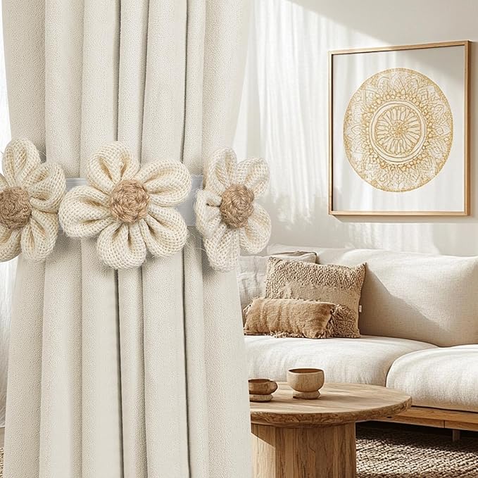KLOGTSIND Flower Curtain Tiebacks, 6 Pack Boho Curtain Ties Elegant Three Flower Curtain Holdbacks, Decorative Window Treatment Tie Backs for Cute Bedroom Decor, Girl Nursery Decor, Farmhouse Decor