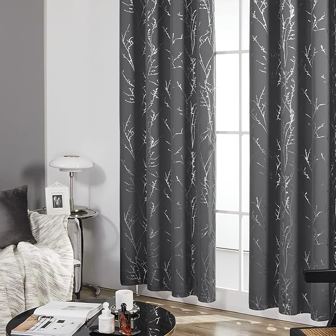 Deconovo Grey Blackout Curtains, Thermal Insulated Soundproof Drapes, Silver Branch Foil Print, 52 x 95 Inch, 2 Panels, Machine‑Washable Privacy Window Panel for Living Room Bedroom Nursery Office