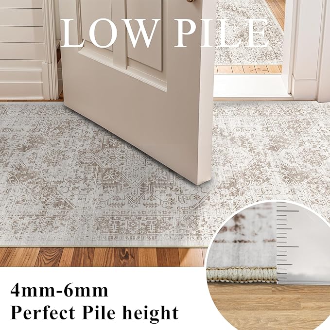 Washable 2'6''x8' Runner Rug - Non-Slip Vintage Runner Rug for Entryway Low-Pile Medallion Long Rugs for Hallway Waterproof Traditional Indoor Thin Rug for Kitchen (Cream/Beige)