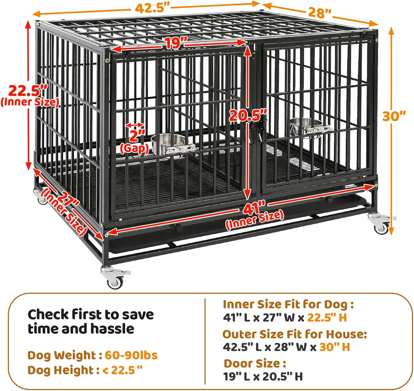 Homey Pet 43 Inch Heavy Duty Dog Crate Cage Kennel for Medium Dogs with Three Door, Divider, Removable Grid & Tray, 4 x Lockable Wheels, 2 x Bowls, Stackable Drop Cages for Breeders, Groomers