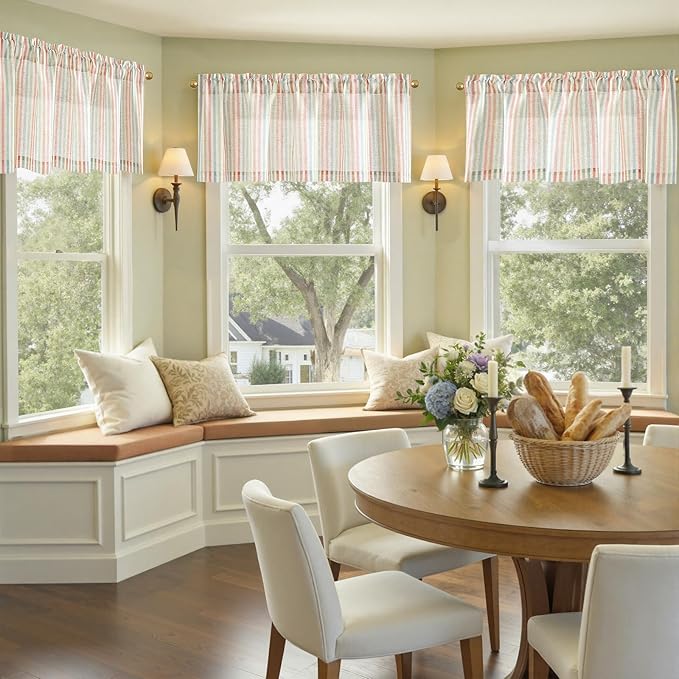 jinchan Valance Curtain Linen Textured Striped Window Curtain for Living Room Light Filtering Farmhouse Valance for Kitchen Rod Pocket 1 Panel 16 Inch Candy on Linen 1 Panel