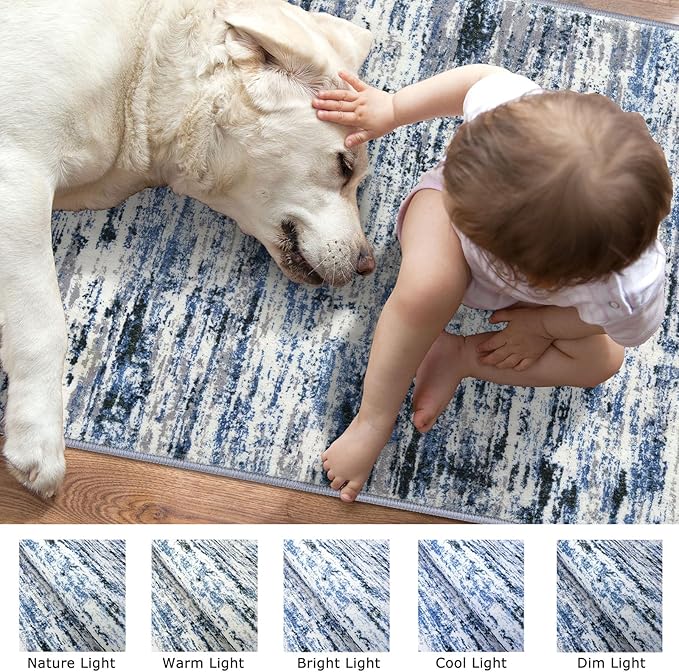 Lansny Modern Abstract Runner Rug 2.6x10, Grey Blue White Washable Long Kitchen Runner Non-Slip Soft Hallway Rug Runner Thin Print Faux Wool Carpet for Entryway Bedroom Laundry Room Indoor Home Decor