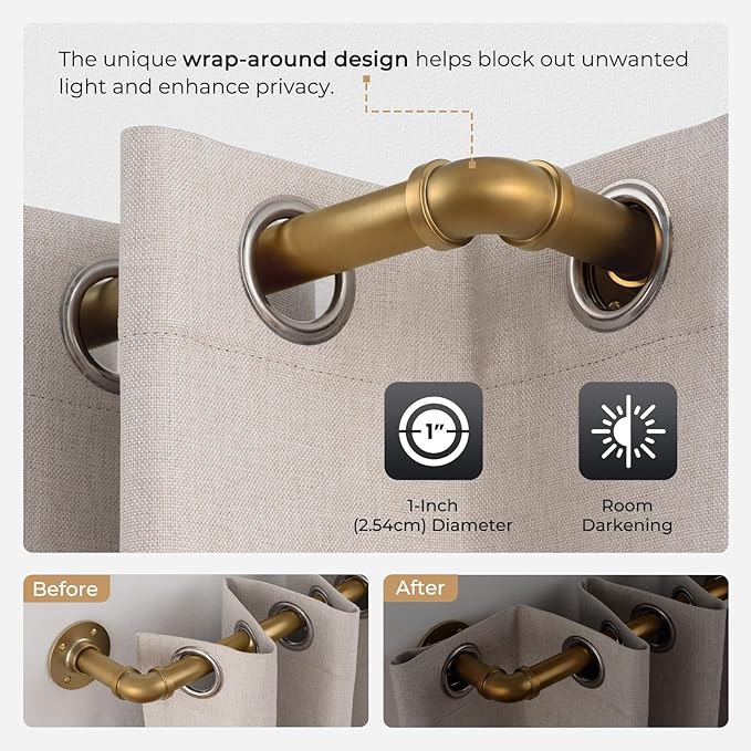 Zeerobee Curtain Rods for Windows 66 to 120, 1 Inch Industrial Wrap Around Warm Gold Curtain Rod, Indoor/Outdoor Room Divider Adjustable Drapery Pole, 66"-120"