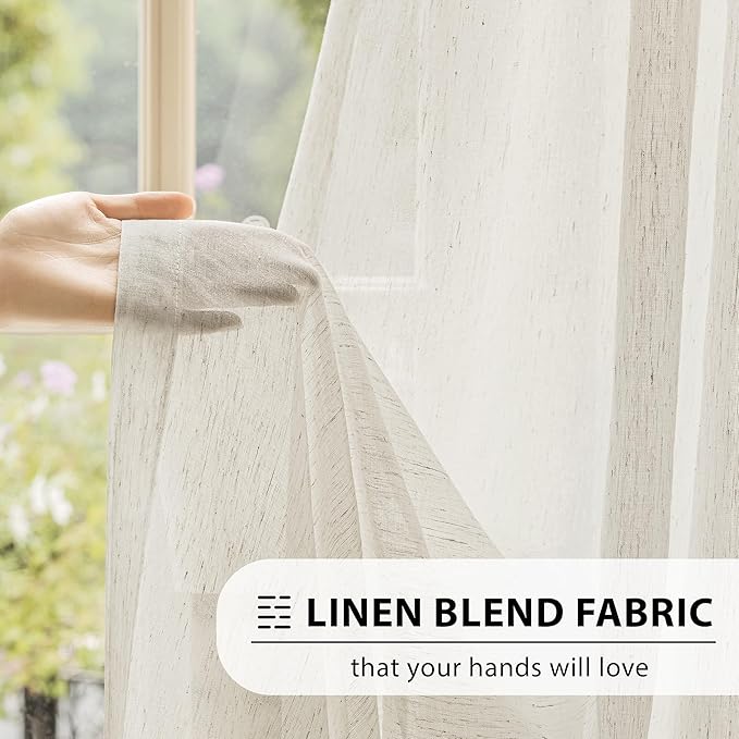 FMFUNCTEX Linen Sheer Curtains for Bedroom, Beige Curtains 45 inches Long for Living Room, Natural Flax Blend Window Draperies for Farmhouse Curtain, Rod Pocket 2 Panels