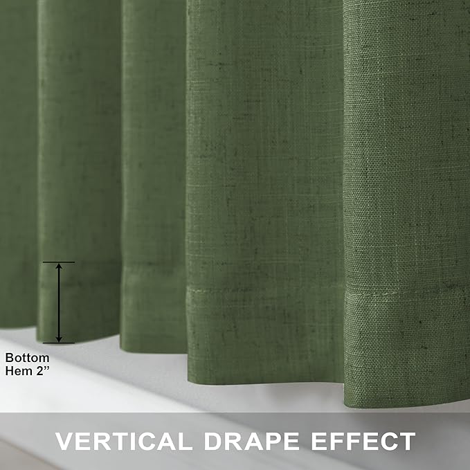 Olive Green Linen Curtains 84 Inch Length for Living Room 2 Panels Back Tab Pocket Moss Green Boho Drapes Light Filtering Sheer Cotton Neutral Aesthetic Army Green Boho Curtains for Bedroom 52x84 Long