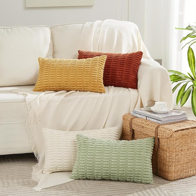 Fancy Homi 4 Packs Mustard Yellow Decorative Throw Pillow Covers 12x20 Inch for Living Room Couch Bed Sofa, Rustic Farmhouse Boho Home Decor, Soft Plush Striped Corduroy Square Cushion Case 30x50 cm