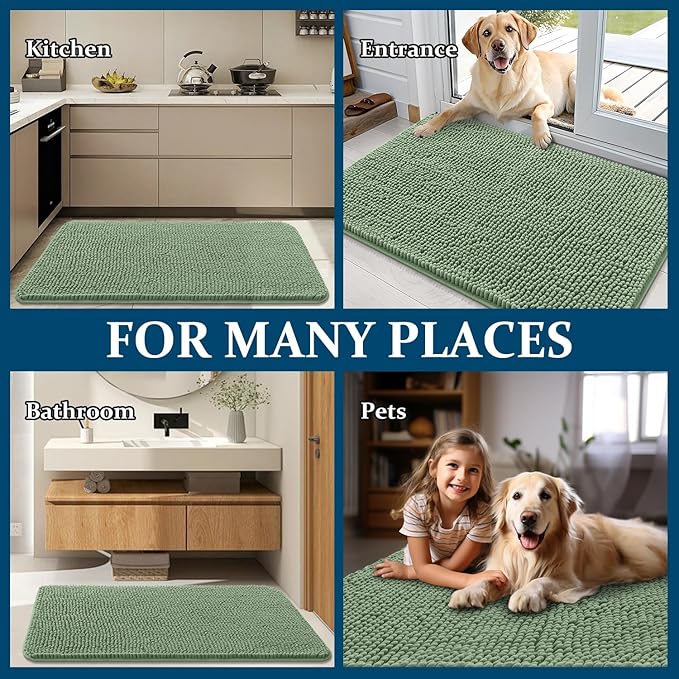 OLANLY Dog Door Mat for Muddy Paws 70x32, Absorbs Moisture and Dirt, Absorbent Non-Slip Washable Doormat, Quick Dry Chenille Mud Mat, Entry Indoor Entryway Carpet for Inside Floor, Olive Green