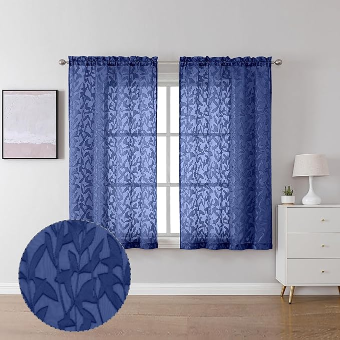 Lecloud Leia Dusty Blue Sheer Curtains 45 Inch Length 2 Panels, Balance Light & Privacy Jacquard Textured Leaf Voile Curtains for Living Room, Dual Rod Pockets Bedroom Short Drapes, 40 W x 45 L