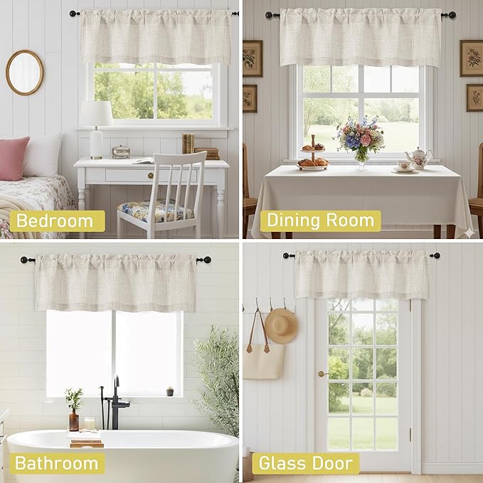 Valances for Windows, Light Filtering Faux Linen Textured Small Short Window Curtain for Bathroom Basement Farmhouse, Rod Pocket Top Half Curtains for Windows, Natural 52Wx14L Inch