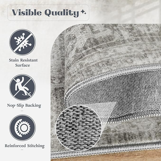Area Rug 8x10 Washable Rug, Vintage Boho Medallion Rugs Non-Slip Soft Low Pile Large Distressed Rug Indoor Retro Carpet for Living Room Bedroom Dining Room Home Office (Grey, 8'x10')