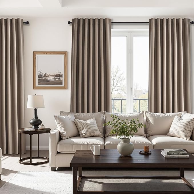 Topfinel 95 inch Bedroom Curtains 2 Panels 100% Blackout Linen Texture Curtain Taupe Vintage Farmhouse Window Drapes with Back Tab Rod Pocket Light Blocking Thermal Insulated Curtains 95 inches Long