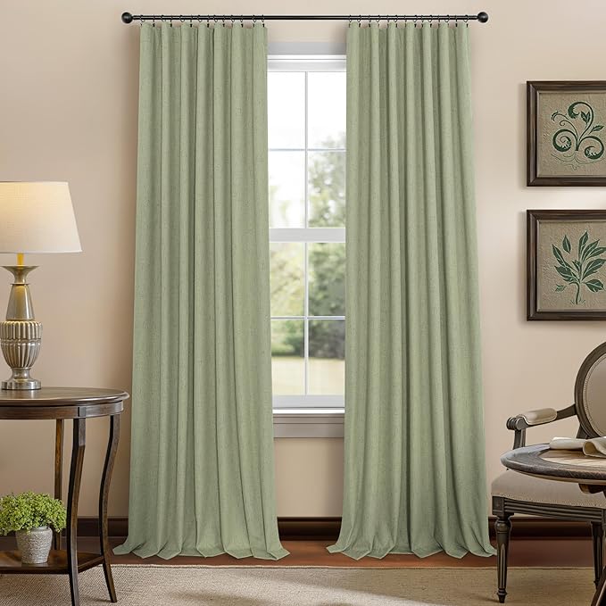 Sage Green Room Darkening Curtains for Bedroom 108 Inch Extra Long 2 Panels Black Out Dark Academia Decor Linen Textured Blocking Light Sage Blackout Curtains for Large Window Ceiling to Floor Length