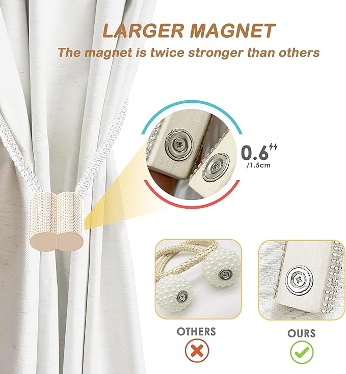 SRG Handmade Magnetic Curtain Tiebacks 4 Pack Sparkling Glass Wrapped Wooden Holdbacks with Strong Magnets, No Drilling Drapery Accessories for Home Decor – White