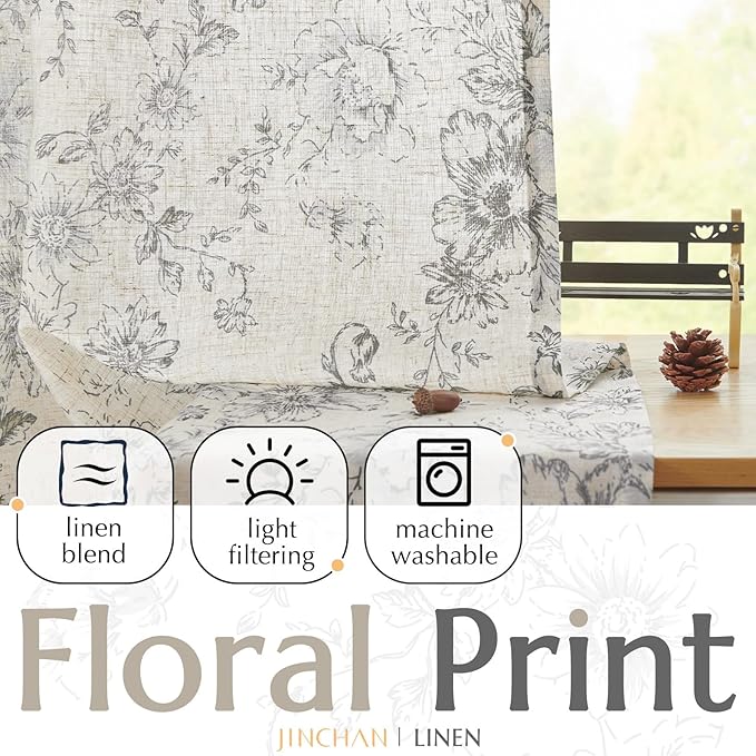 jinchan Linen Blend Curtain Floral Curtains for Living Room 108 Inch Length Grey Printed Curtain Rod Pocket Back Tab Farmhouse Peony Flower Patterned Drapes Bedroom Window Curtains Set 2 Panels