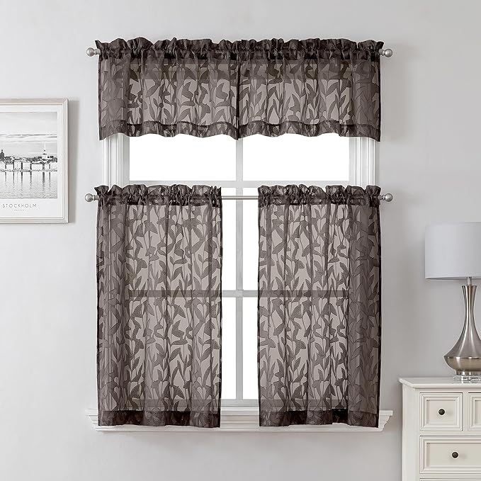 Lecloud Leia Chocolate Brown Sheer Kitchen Curtains 24 Inch Length 2 Pcs, Jacquard Textured Leaf Voile Short Curtains with Dual Rod Pocket, Farmhouse Cafe Bedroom Window Treatments, 38 W x 24 L