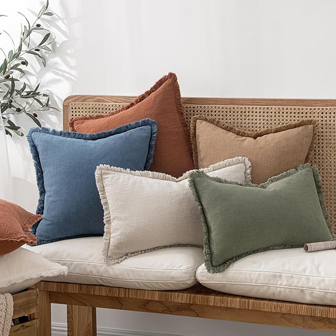 MIULEE Decorative Throw Pillow Covers Neutral Linen Fringe Throw Pillows Set of 2 Blue Ashes Boho Farmhouse Cushion Covers with Tassels for Couch Sofa Bed Spring Home Decor 24x24 Inch