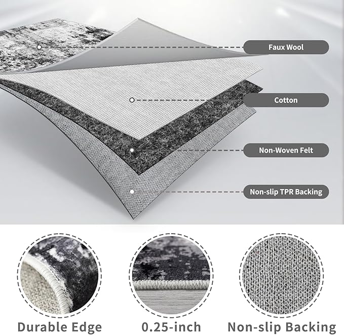 3x16 Washable Runner Rug for Hallway: Extra Long Runners for Entryway Living Room Dining Room - Stain and Water Resistant Rugs with Non-Slip Backing - Soft Low-Pile Carpet Black Grey