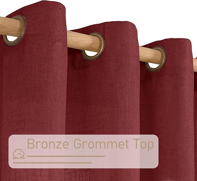 LAMIT Burgundy Red Semi Sheer Linen Curtains 45 Inches Long, Light Filtering Panels Bronze Grommet Christmas Decor Drapes for Bedroom/Window/Farmhouse, 2 Panels, 52 x 45 Inch