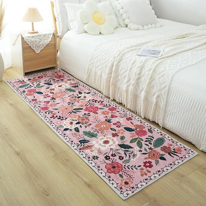 Rugcomf Runner Rug for Hallways Kitchen Rug Non Slip 2'6''x8' Washable Runner Rugs with Rubber Backing Soft Floral Carpet Runner for Hallways, Kitchen, Laundry, Bedroom, Bathroom(Pink)