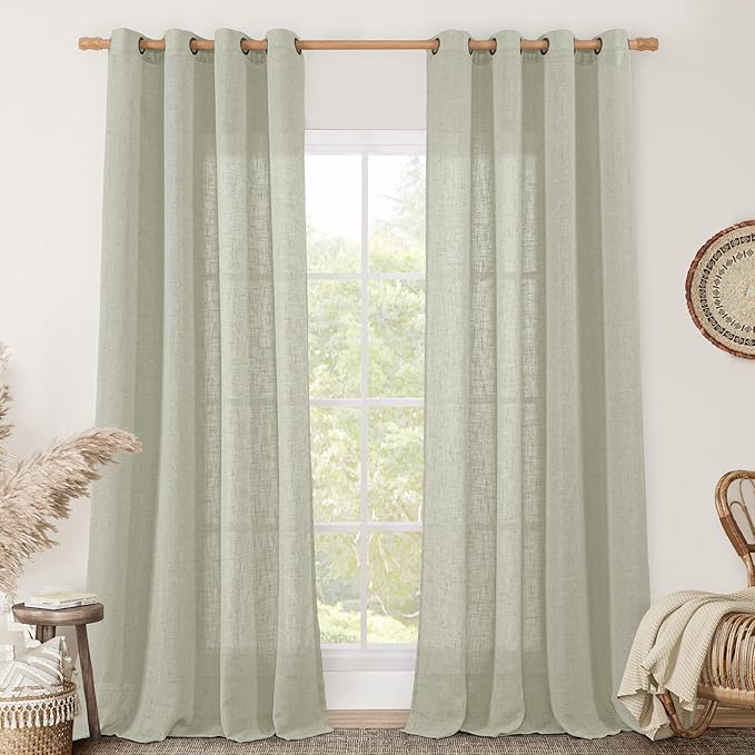 LAMIT 95 Inches Long Sheer Linen Curtains for Living Room 2 Panels, Light Filtering Country Rustic Drapes Farmhouse Window Treatment with Bronze Grommet for Bedroom, Sage Grey, 52 x 95 Inch