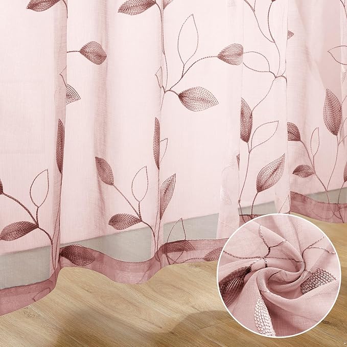 HOMEIDEAS Blush Pink Floral Sheer Curtains 63 Inches Long 2 Panels Embroidered Pattern Semi Sheer Window Curtains for Bedroom Living Room