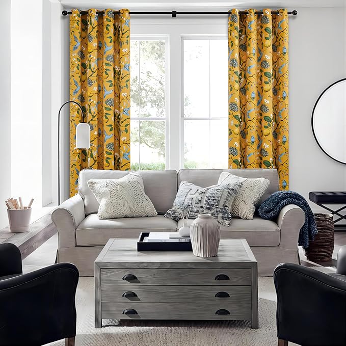 Topfinel 92 Inches Long Custom Mustard Yellow Luxury Curtains for Living Room Bedroom, Blackout Vintage Victorian Curtains Floral Lemon Hummingbird Printed Grommet Drape 92 Inch Length