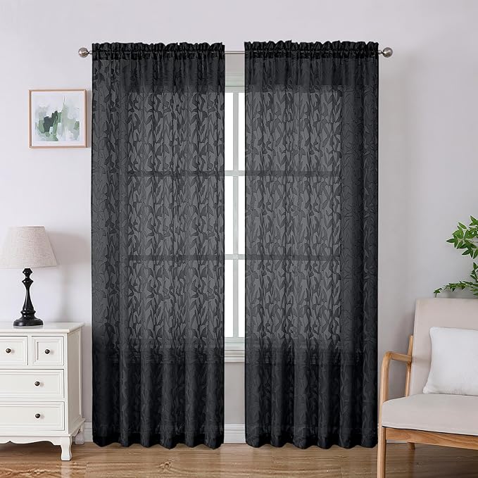 Lecloud Leia Black Sheer Curtains 84 Inches Long 2 Panels, Airy Leaf Textured Jacquard Drapes, Light Filtering & Privacy Rod Pocket Window Curtains for Living Room Bedroom, 52" W x 84" L