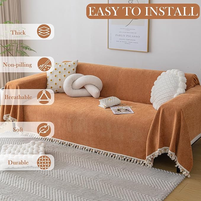 HANDONTIME Dark Orange Sofa Covers Couch Cover for Dogs Colorful Tassel Lovetseat Cover Pet Couch Cover Bohemian Sofa Cover for Couch Vintage Boho Couch Covers Futon Cover Pet-Friendly, 91" X118"