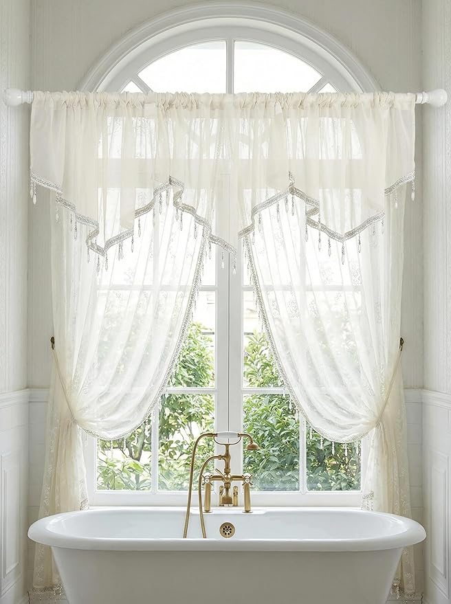 Molaxhome Swag Curtain 51 inch Length Rod Pocket Scalloped Curtain Valance Sheer Lace Panels with Hanging Crystal Beads for Kitchen Bedroom Window Treatments Drape Decor 1pc (Beige, 51Wx23L)