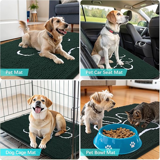 OLANLY Dog Door Mat for Muddy Paws 70x24, Paw Print Design, Absorbs Moisture and Dirt, Absorbent Non-Slip Washable Doormat, Quick Dry Chenille Mud Mat, Entry Indoor Entryway Carpet, Blackish Green