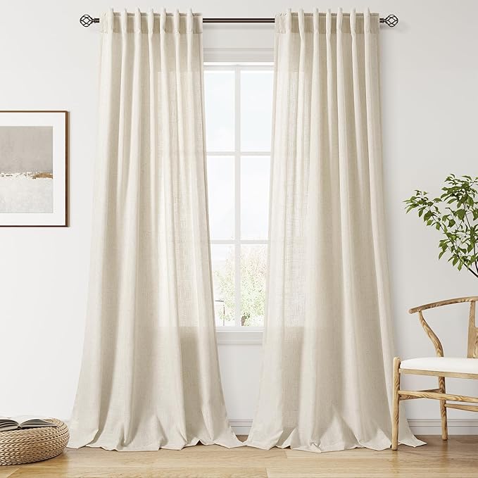Nanspring Vanilla Linen Curtains for Living Room 108 Inches Long Modern Farmhouse Decor Light Filtering Semi Sheer Curtain Back Tab Luxury Floor to Ceiling High Window for Bedroom 52x108, 2 Panels