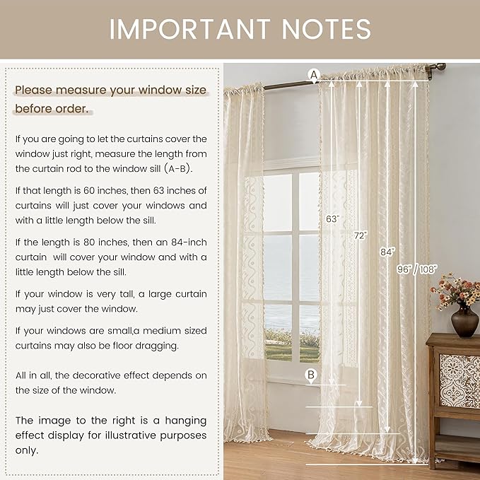 WAZZIO Boho Lace Curtains 2 Panels 80 Inches -Cute Vintage Victorian Sheer Panel Drape French Country Floral Pattern & Tassel Light Filtering Privacy for Bedroom Dining Living Room,Beige,W52x L80