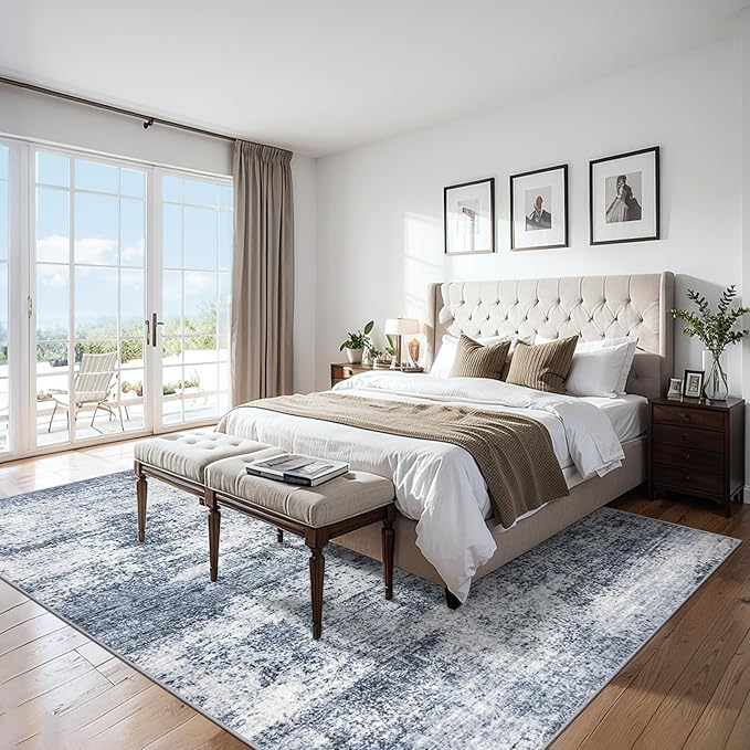 Area Rugs 10x12 Living Room - Washable Rug Modern Abstract Soft Large Neutral Non-Slip Carpet Indoor Floor Thin Carpets for Bedroom Dining Room Farmhouse Nursery Home Office Grey Blue