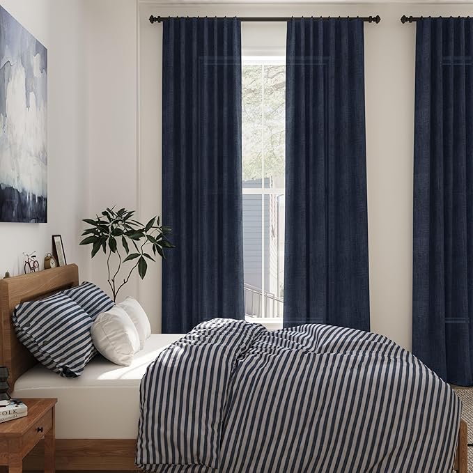 Navy Blue Linen Sheer Curtains 108 Inches Long Back Tab Rod Pocket 2 Panels Semi Sheer Extra Long Curtains Light Filtering Modern Boho Drapes for Living Room Luxury Floor Length Curtain 9Ft 40x108