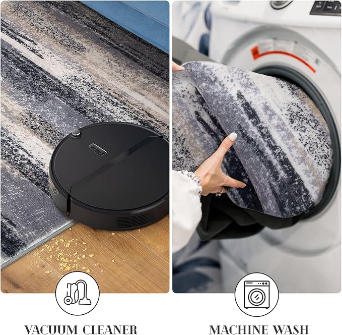 Lansny Modern Abstract Runner Rug 2.6x14, Grey Black Multi Washable Long Kitchen Runner Non-Slip Soft Hallway Rug Runner Thin Print Faux Wool Carpet for Entryway Bedroom Laundry Room Indoor HomeDecor
