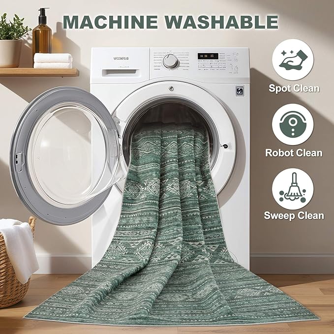 Nakagishi 7x9 Area Rugs Living Room: Washable Boho Large Neutral Soft Farmhouse Rug Stain Resistant Modern Indoor Floor Non-Slip Carpet for Bedroom Nursery Kids Playroom Office Dining Room Dorm- Green