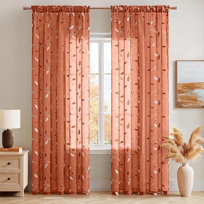 MIULEE Burnt Orange Sheer Curtains 2 Panels Embroidered Leaf Patterned Rod Pocket Floral Semi Faux Linen Window Fall Curtains Drapes Set for Living Room Bedroom Dining Room, 52x63 Inches Long
