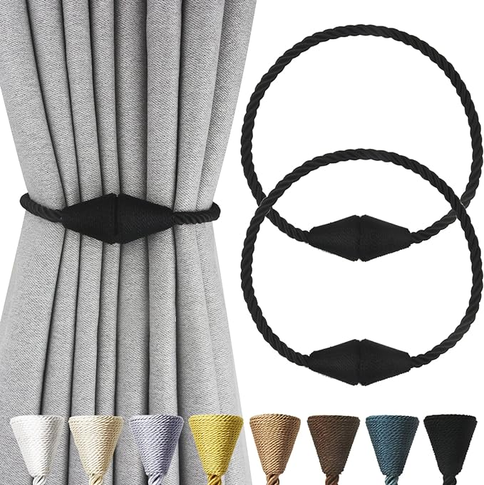 2 Pack Magnetic Curtain Tiebacks Rope Modern Handmade Curtain Tie Backs Decorative Drapes Weave Holdbacks for Window Décor, Black