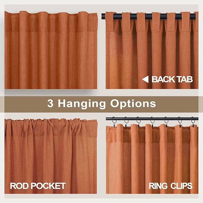 Burnt Orange Curtains 108 Inches Long for Living Room Dining 2 Panels Back Tab Pocket Drape Light Filtering Semi Sheer Linen Curtains for Bedroom Patio Door Autumn Neutral Earth Tone Decor Rust 52x108